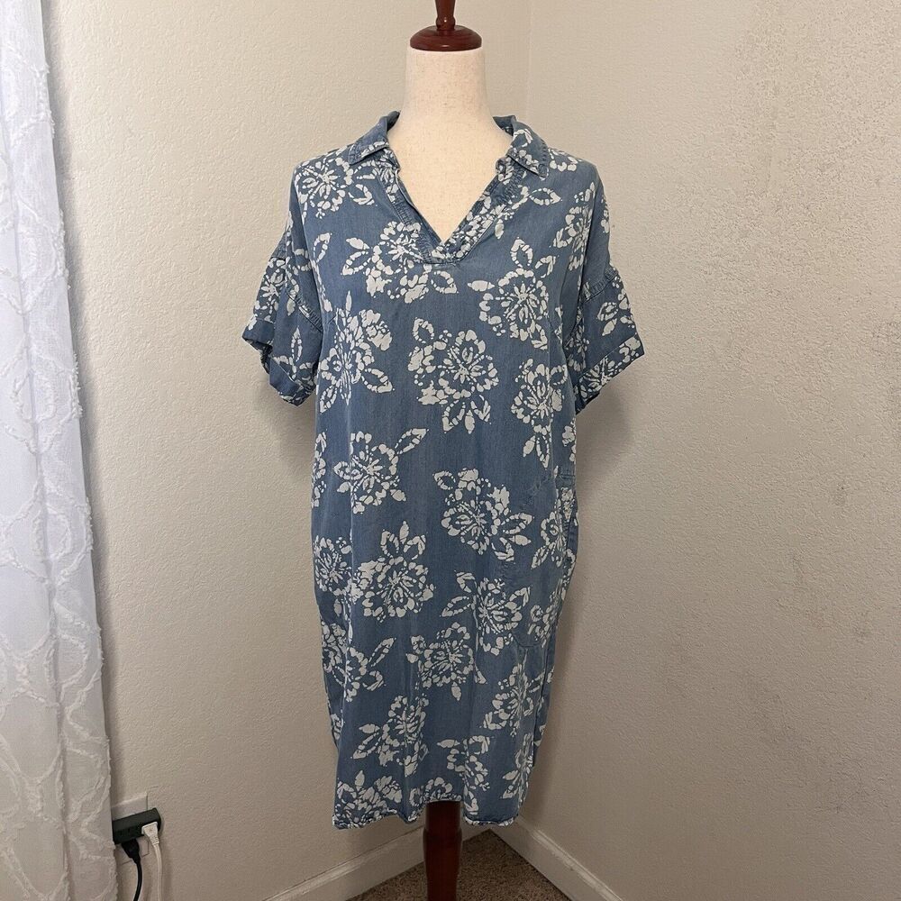 Caslon Chambray Dress Women Medium Blue Floral Lyocell Short Sleeve Shirt Shift